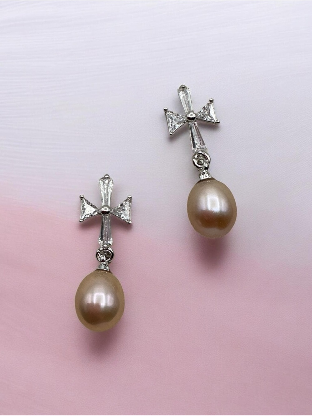 Pearl Drop Cross Earrings - Champagne Freshwater Pearl
